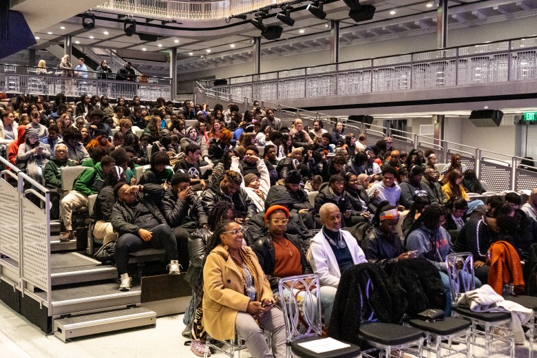 A crowd of people watch a stage performance 