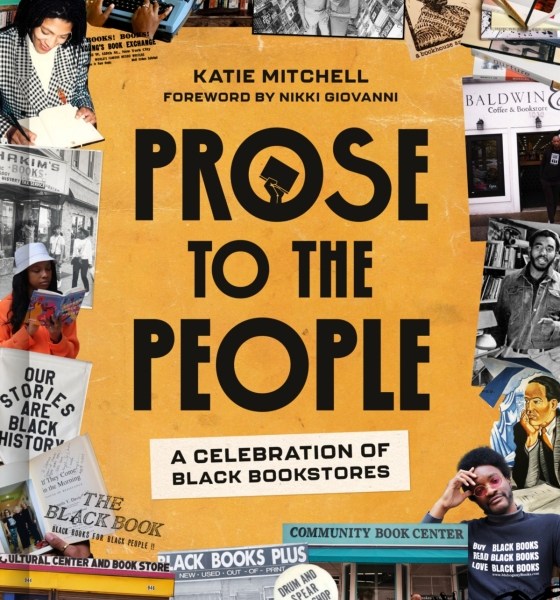 illustrated cover of katie mitchell's prose to the people book. features a grid of collaged images of black bookstores
