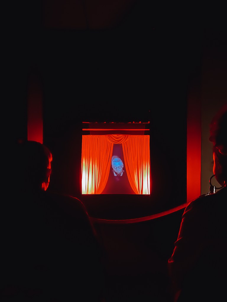 A photograph of two visitors viewing a video artwork, there is a blue figure in front of a red curtain. 