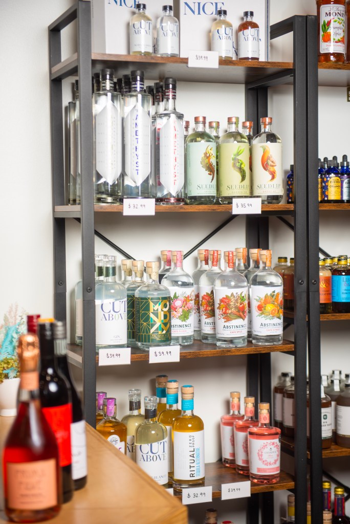 A row of sprit-free and zero-proof beverages is on display at Hopscotch.