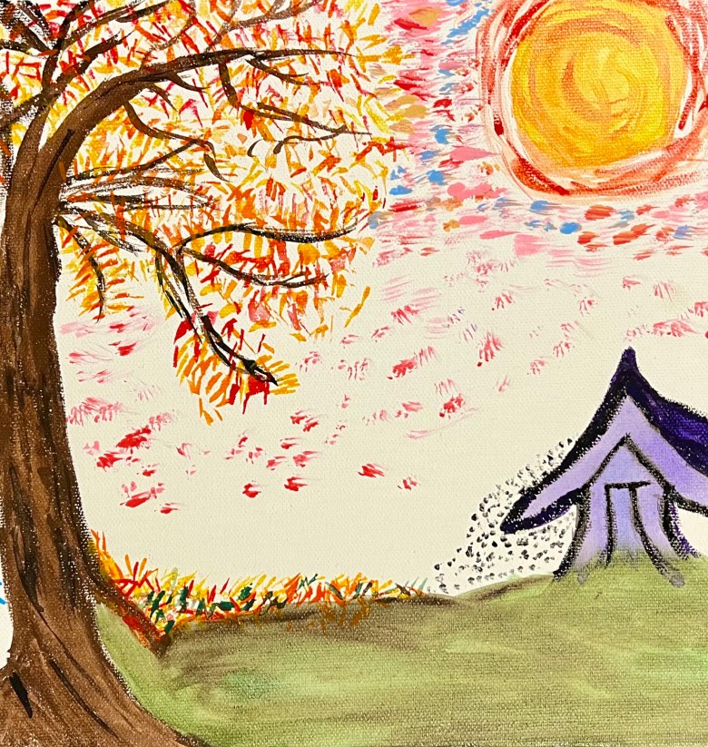 An acrylic painting of a house a tree with fall foliage and and a sun 