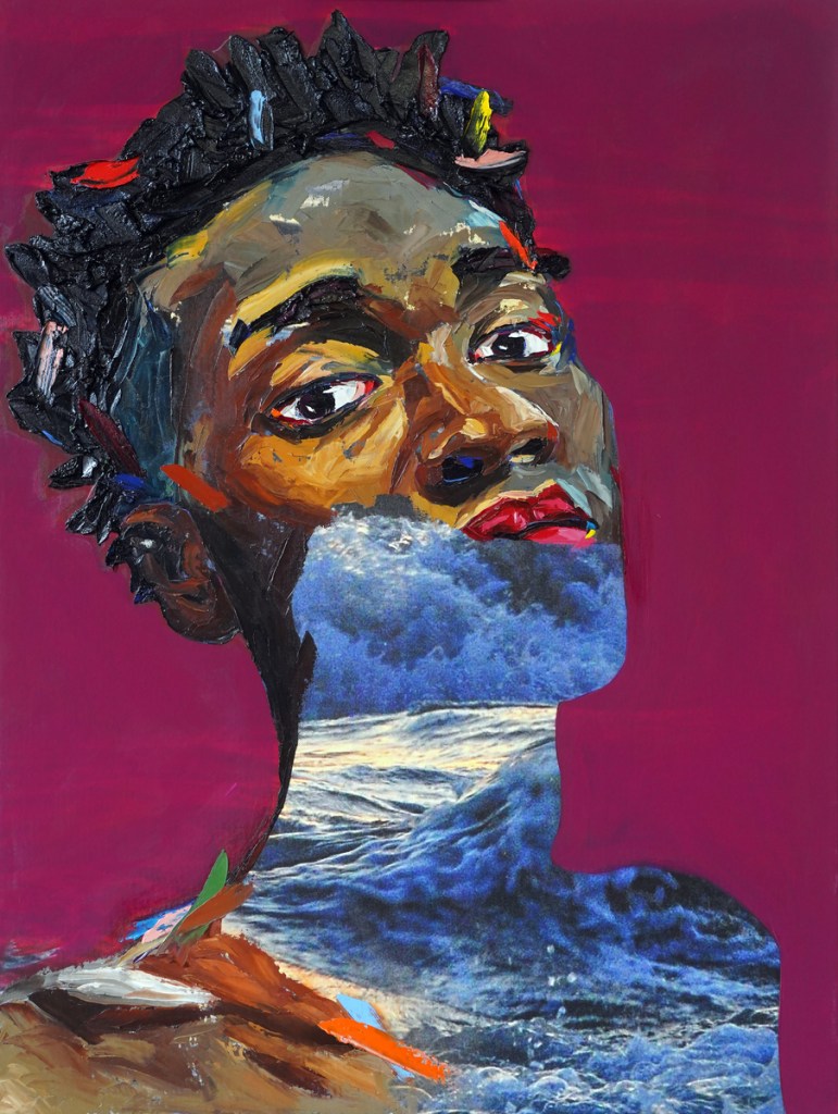 A mixed media artwork depicting a figure with brown skin. 